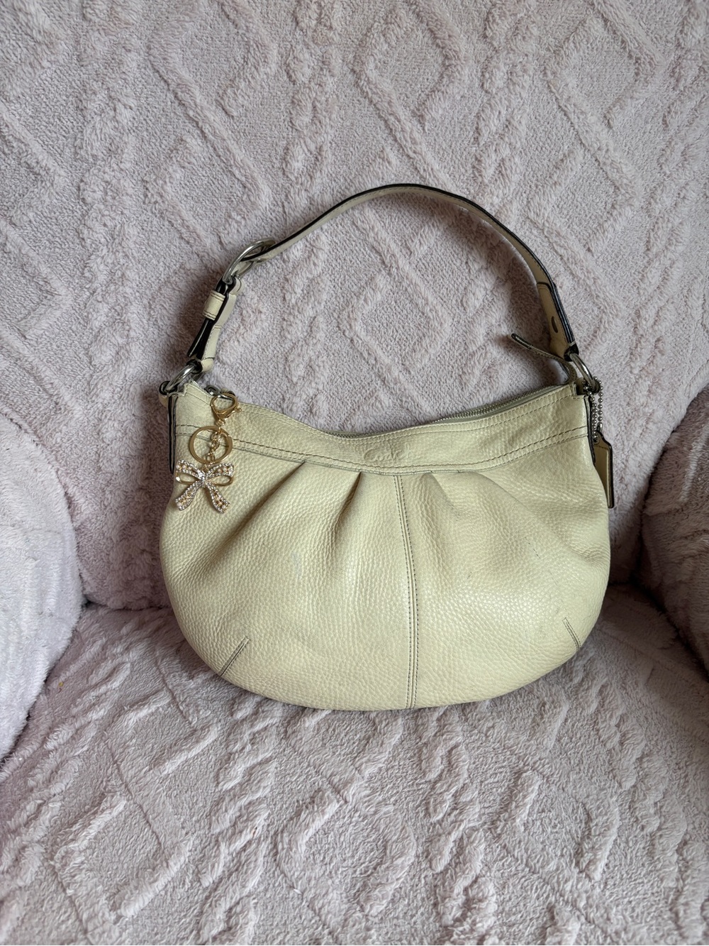 Coach Cream Pebbled Leather Shoulder Hobo with Gold Charm